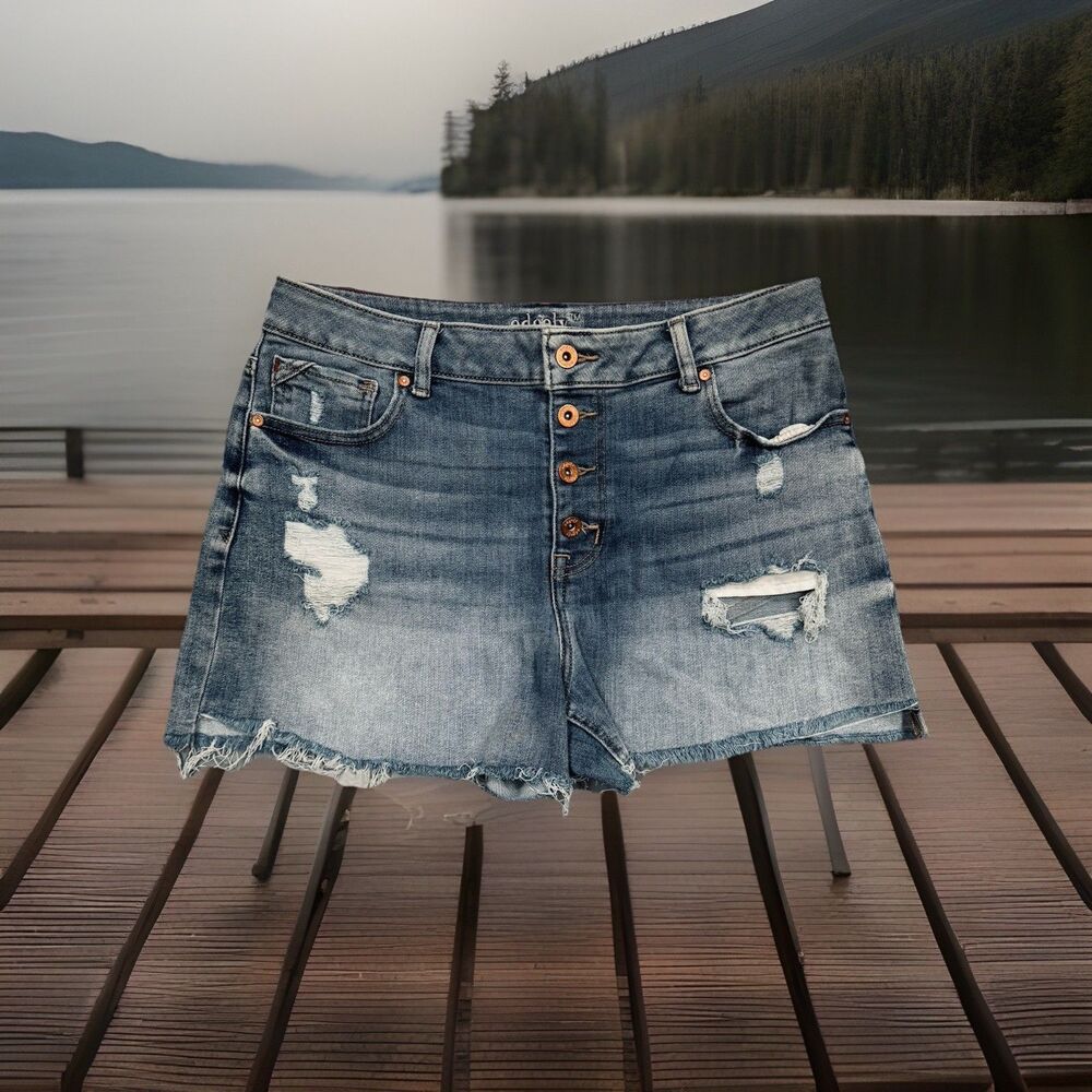 Edgely High Rise Shorts 14 (W33) Blue Distressed Button Fly Stretch Womens